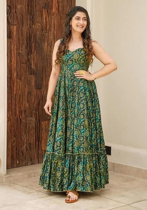 Green Printed Heavy Rayon Gown Dress