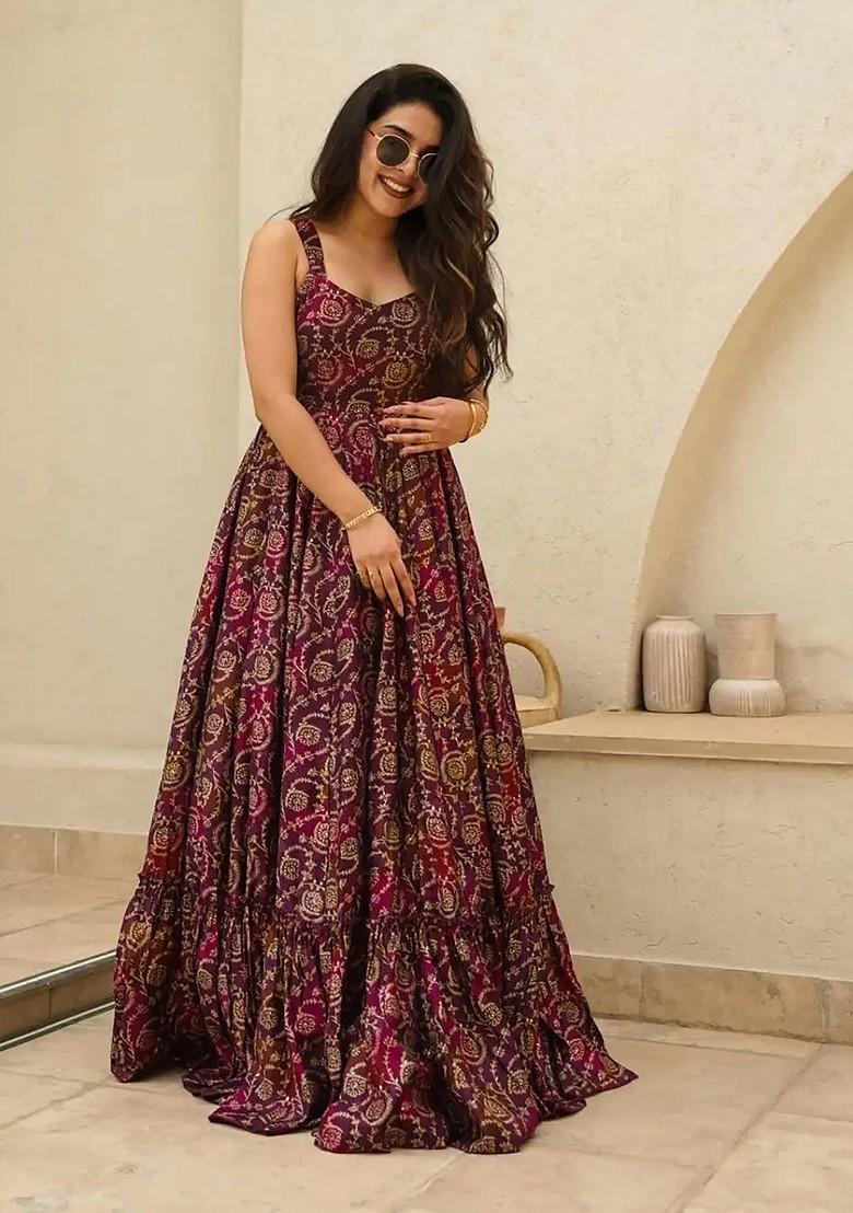 Purple Printed Heavy Rayon Gown Dress