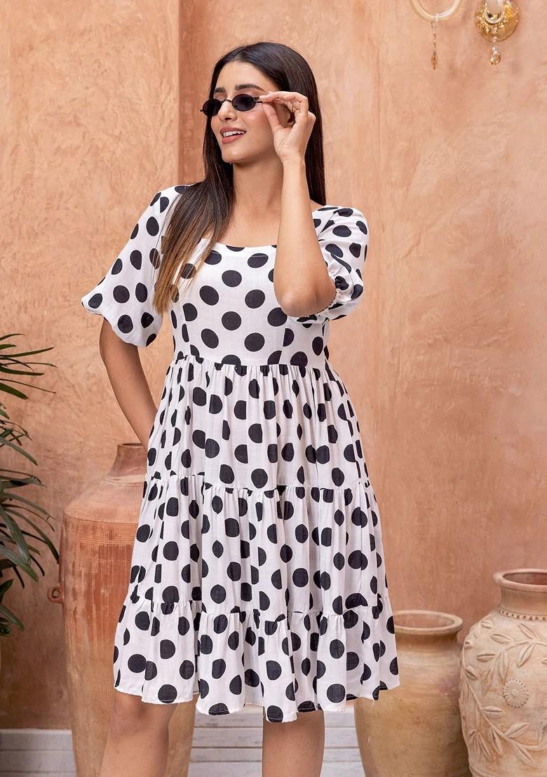 White And Black Printed Heavy Rayon Dress