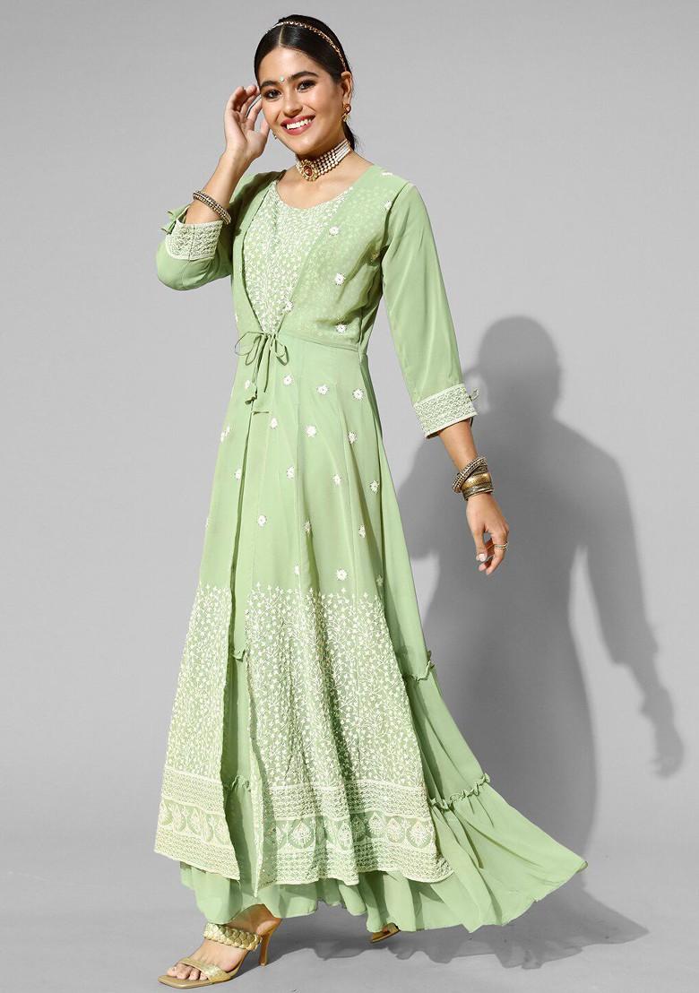 Green Embroidered Georgette Round Neck Maxi A Line Ethnic Dress