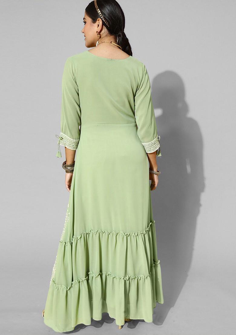 Green Embroidered Georgette Round Neck Maxi A Line Ethnic Dress