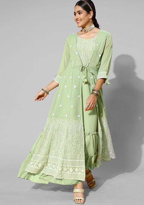 Green Embroidered Georgette Round Neck Maxi A Line Ethnic Dress