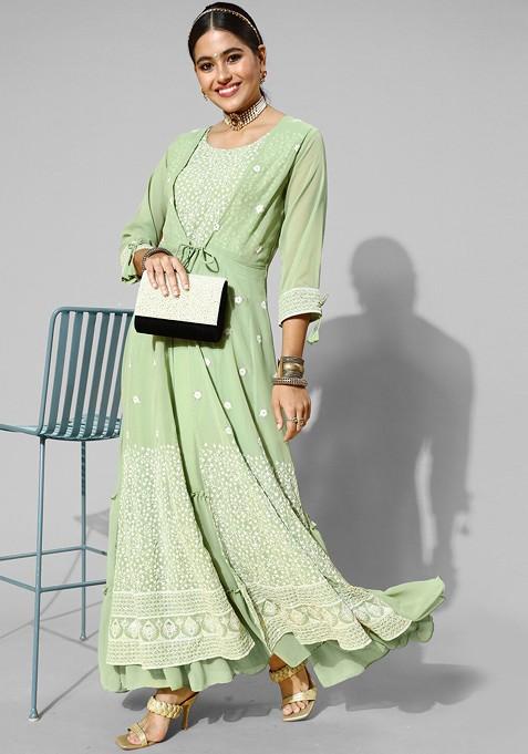 Green Embroidered Georgette Round Neck Maxi A Line Ethnic Dress