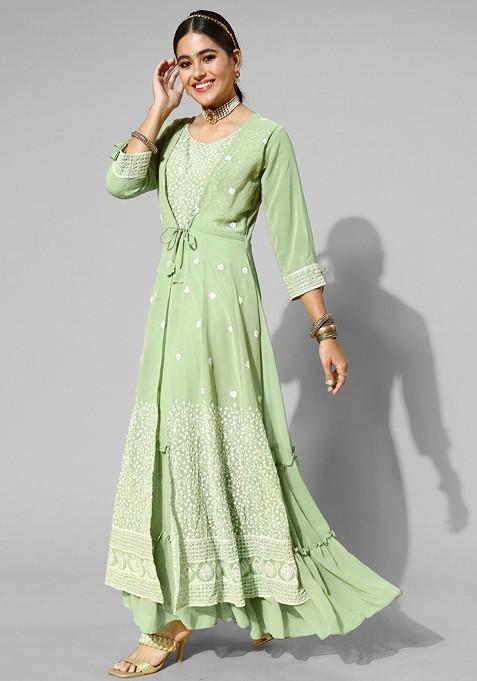 Green Embroidered Georgette Round Neck Maxi A Line Ethnic Dress