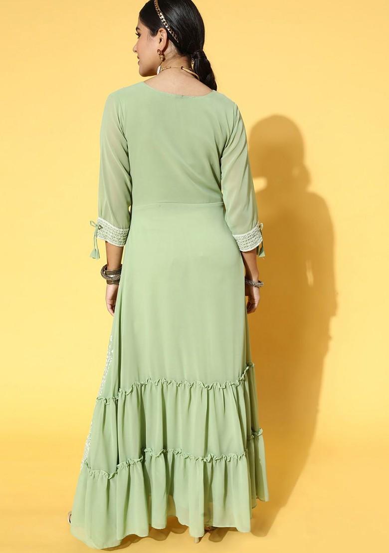 Green Floral Embroidered Layered Tiered Maxi Ethnic Dress