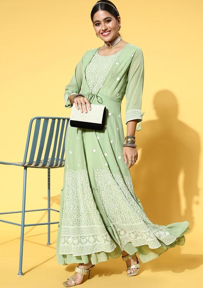 Green Floral Embroidered Layered Tiered Maxi Ethnic Dress