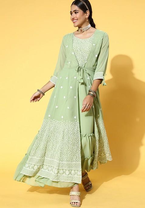 Green Floral Embroidered Layered Tiered Maxi Ethnic Dress