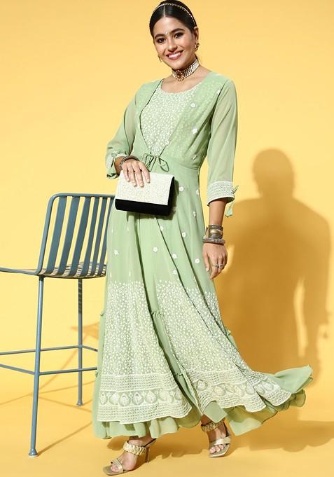 Green Floral Embroidered Layered Tiered Maxi Ethnic Dress