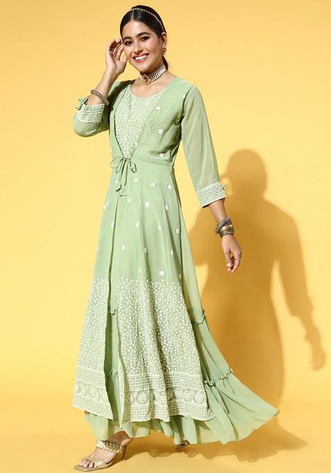 Green Floral Embroidered Layered Tiered Maxi Ethnic Dress