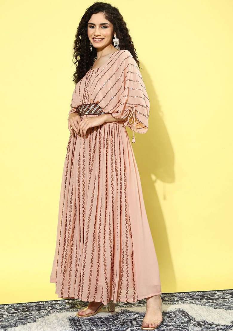 Peach Embroidered Blended Anarkali - Indya