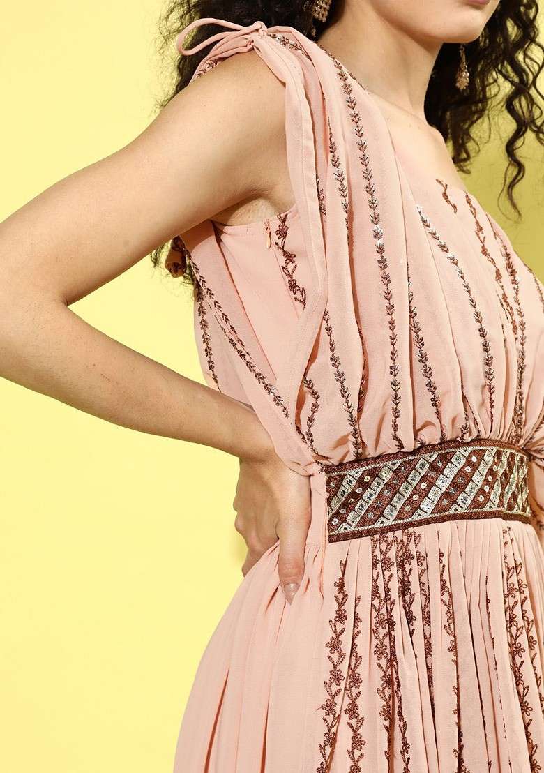 Peach Embroidered Blended Anarkali - Indya