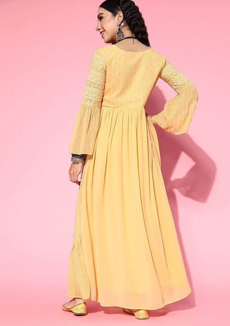 Yellow Ethnic Motifs Zari Sequin Embroidered Georgette Dress