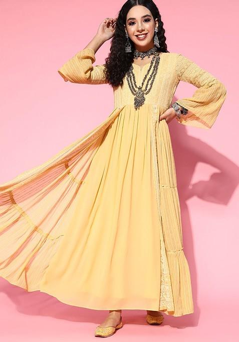 Yellow Ethnic Motifs Zari Sequin Embroidered Georgette Dress