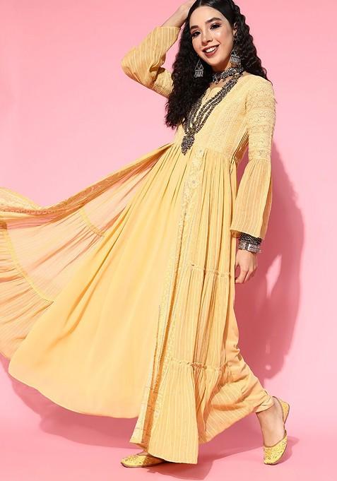 Yellow Ethnic Motifs Zari Sequin Embroidered Georgette Dress