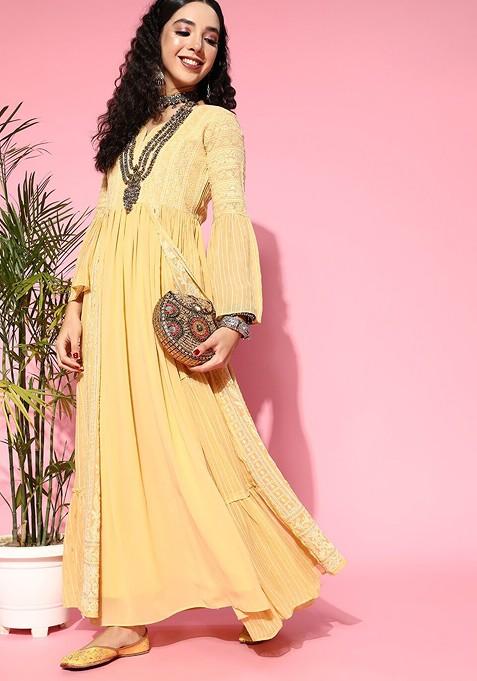 Yellow Ethnic Motifs Zari Sequin Embroidered Georgette Dress