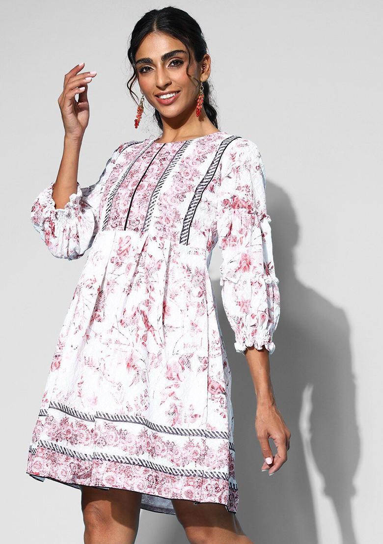 White Floral Print Cotton Round Neck Puff Sleeve A Line Dress