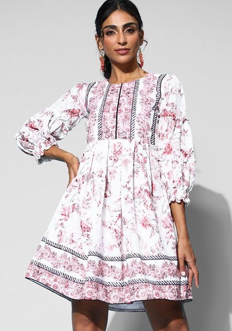 White Floral Print Cotton Round Neck Puff Sleeve A Line Dress