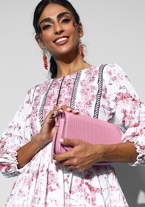 White Floral Print Cotton Round Neck Puff Sleeve A Line Dress