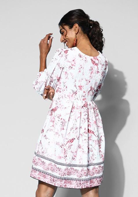White Floral Print Cotton Round Neck Puff Sleeve A Line Dress