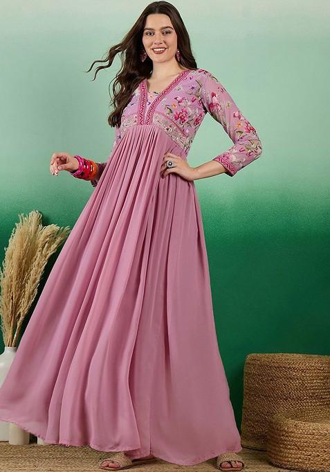 Peach Sequin Embroidered A Line Maxi Ethnic Dress