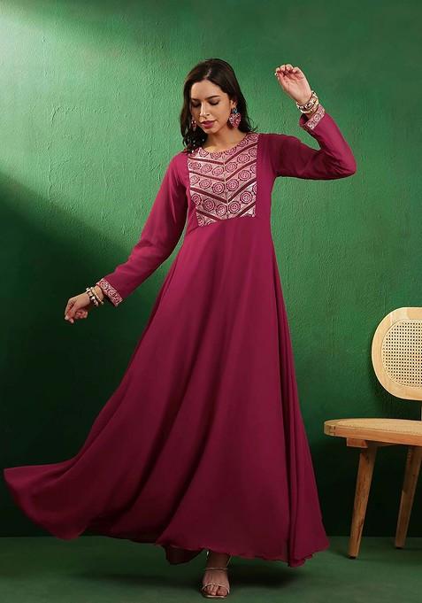 Pink Sequin Georgette Maxi Ethnic Dress