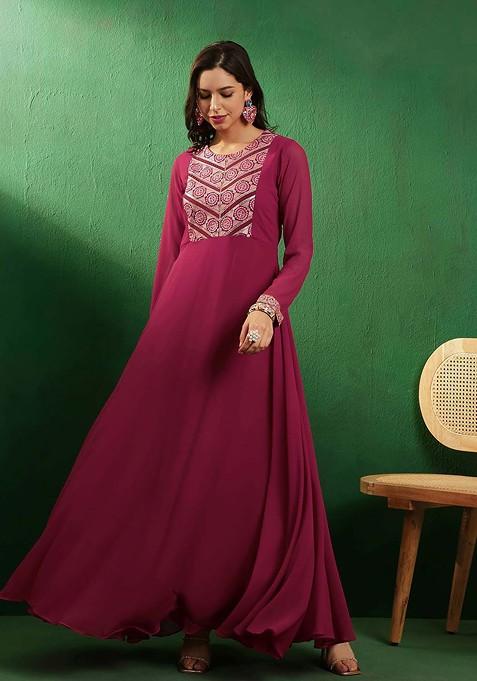 Pink Sequin Georgette Maxi Ethnic Dress