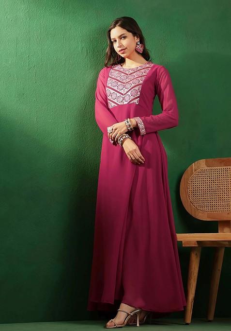 Pink Sequin Georgette Maxi Ethnic Dress