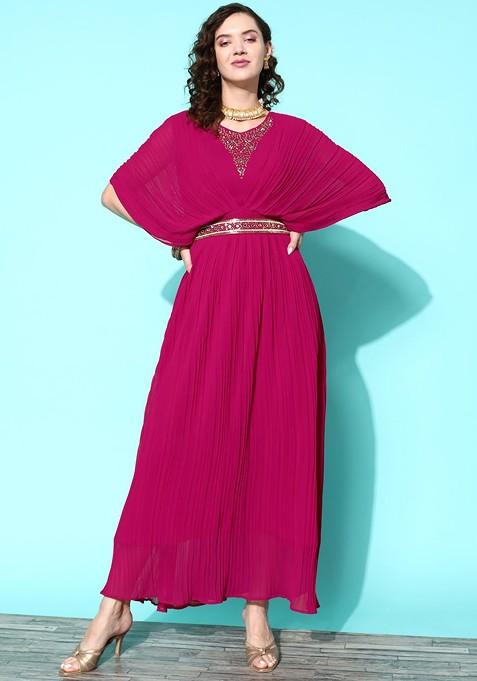 Pink Mirror Work Embellished Maxi Ethnic Dress