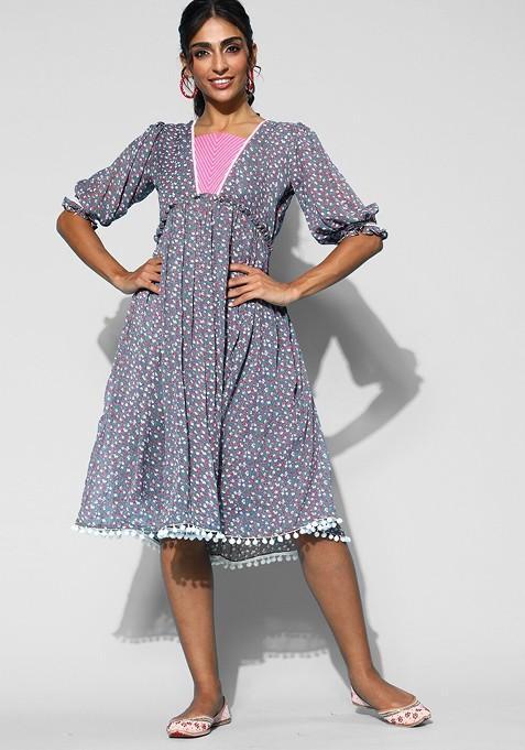 Blue Floral Print Georgette Puff Sleeves Midi Dress