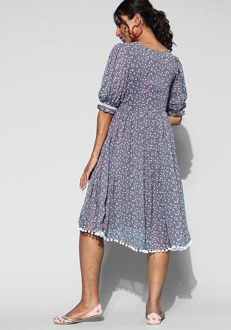 Blue Floral Print Georgette Puff Sleeves Midi Dress