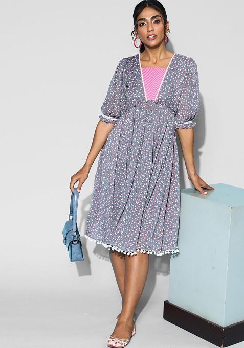 Blue Floral Print Georgette Puff Sleeves Midi Dress