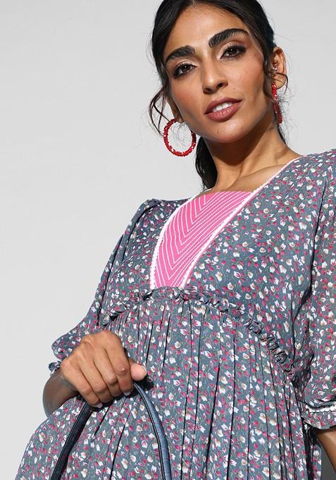 Blue Floral Print Georgette Puff Sleeves Midi Dress