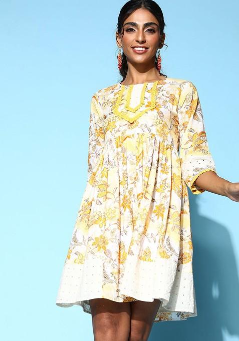 Yellow Floral Print Cotton Schiffli A Line Dress