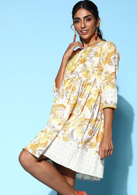 Yellow Floral Print Cotton Schiffli A Line Dress
