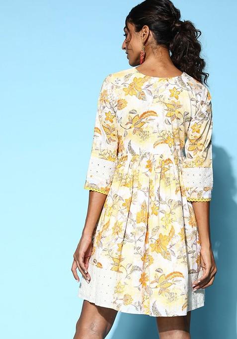 Yellow Floral Print Cotton Schiffli A Line Dress