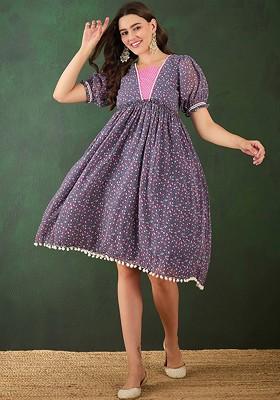 Grey Floral Print A Line Ethnic Dresses