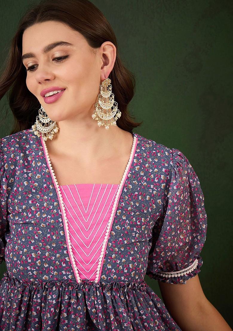 Grey Floral Print A Line Ethnic Dresses