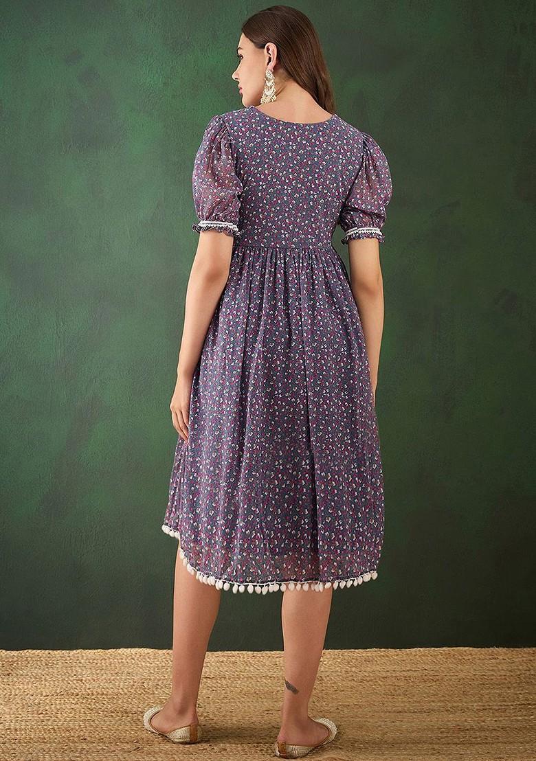 Grey Floral Print A Line Ethnic Dresses
