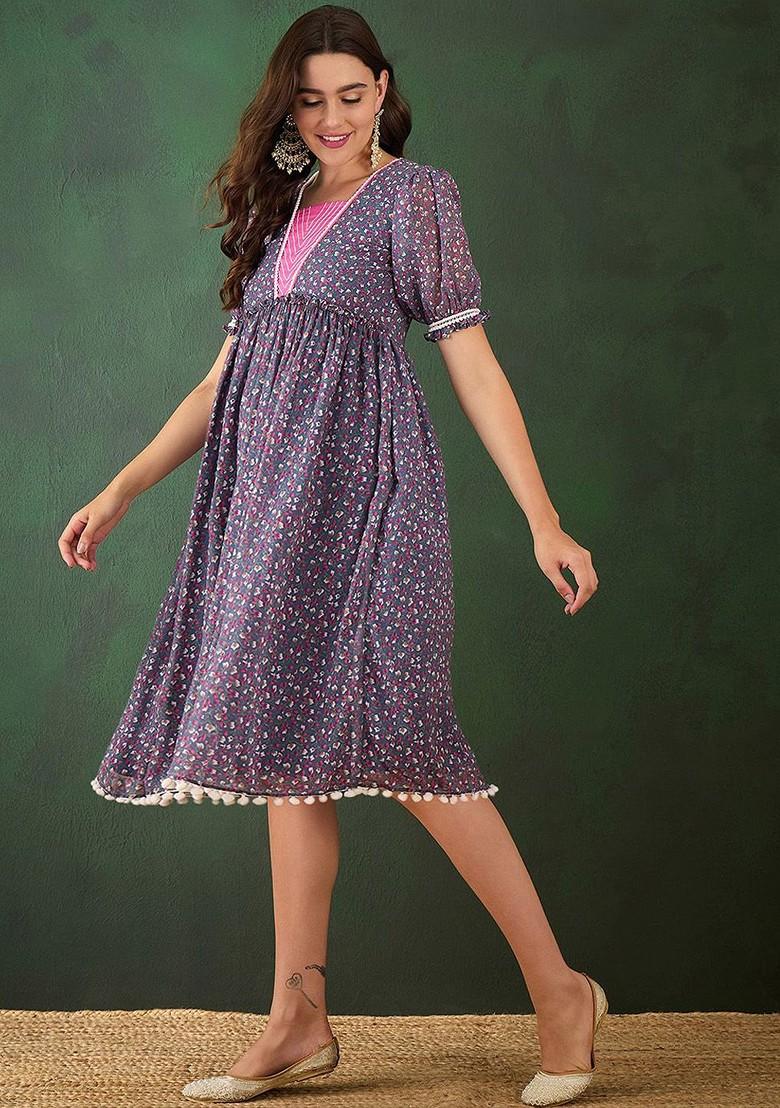 Grey Floral Print A Line Ethnic Dresses