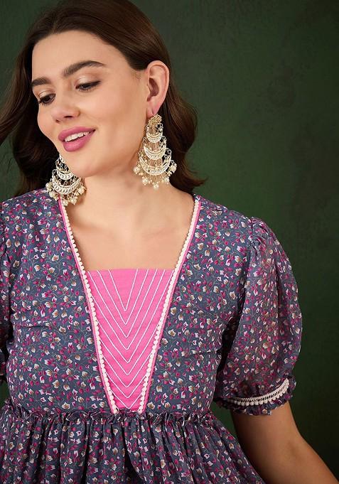 Grey Floral Print A Line Ethnic Dresses