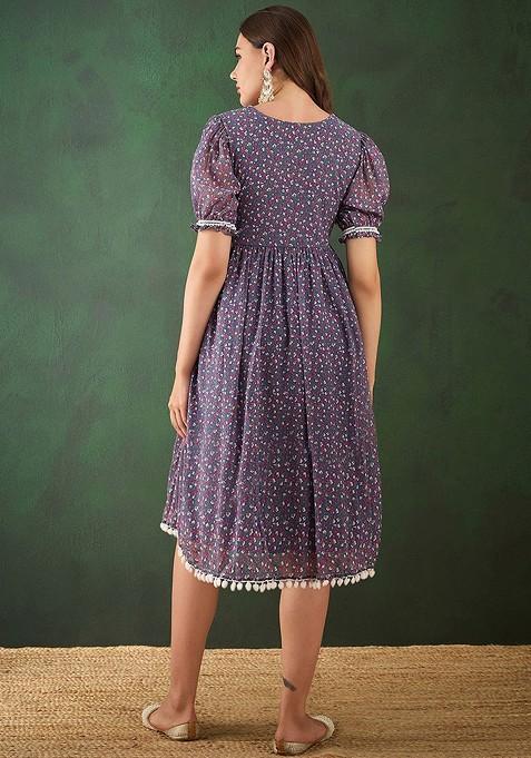 Grey Floral Print A Line Ethnic Dresses