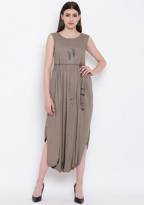 Taupe Solid Balloon Dress