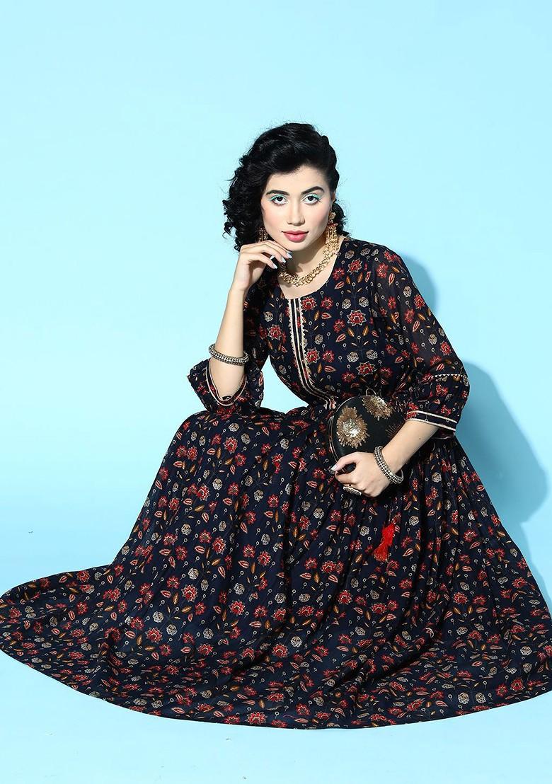 Blue Printed Flared Fit And Flare Ethnic Dresses