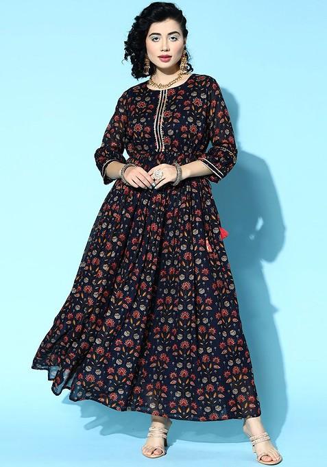 Blue Printed Flared Fit And Flare Ethnic Dresses