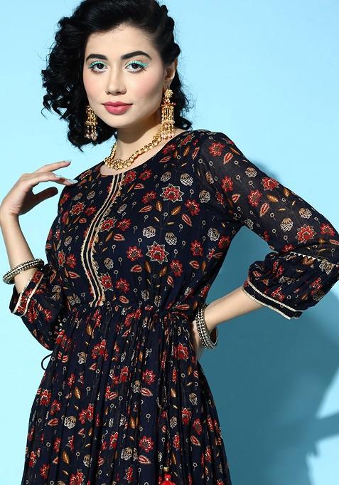 Blue Printed Flared Fit And Flare Ethnic Dresses