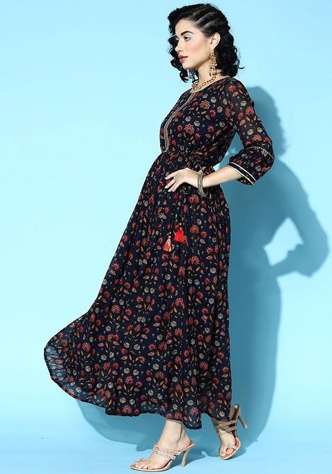 Blue Printed Flared Fit And Flare Ethnic Dresses