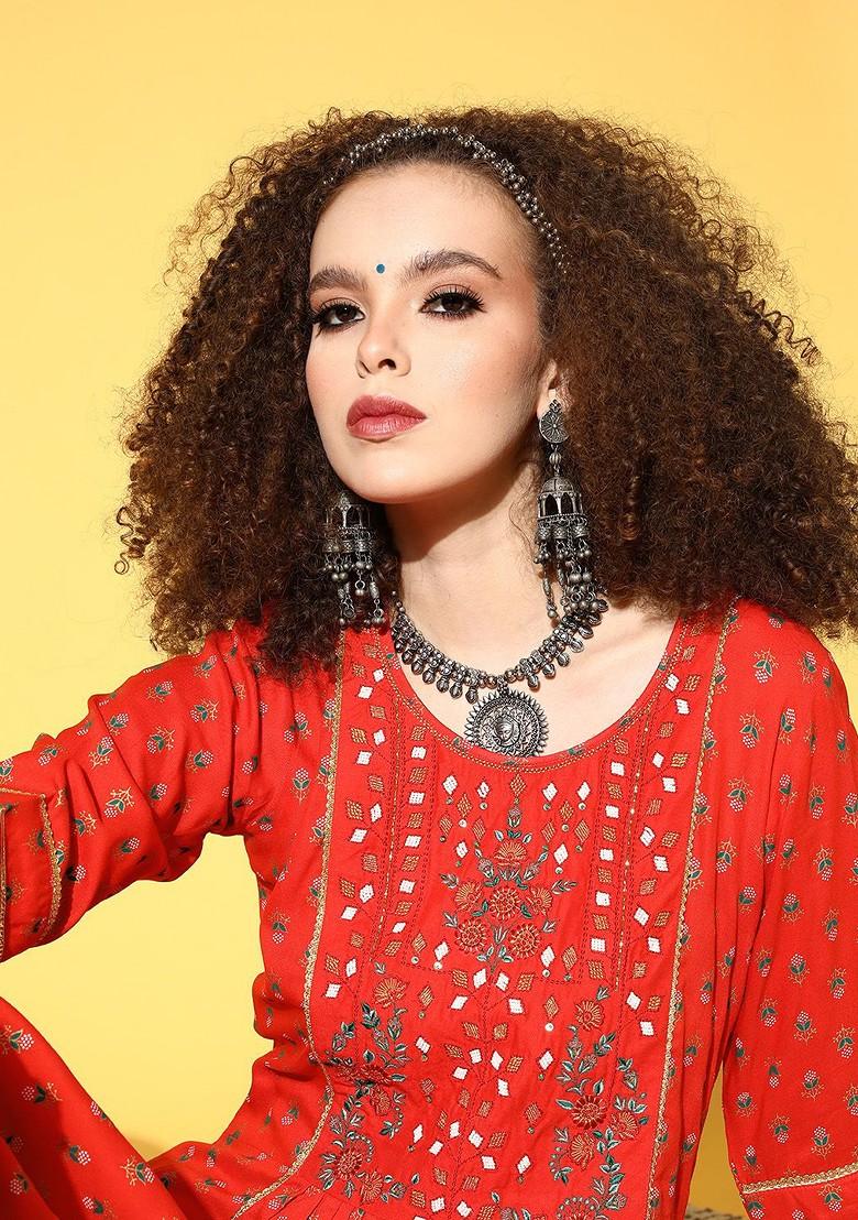 Red Ethnic Motifs Sequin Embroidered A Line Maxi Dress