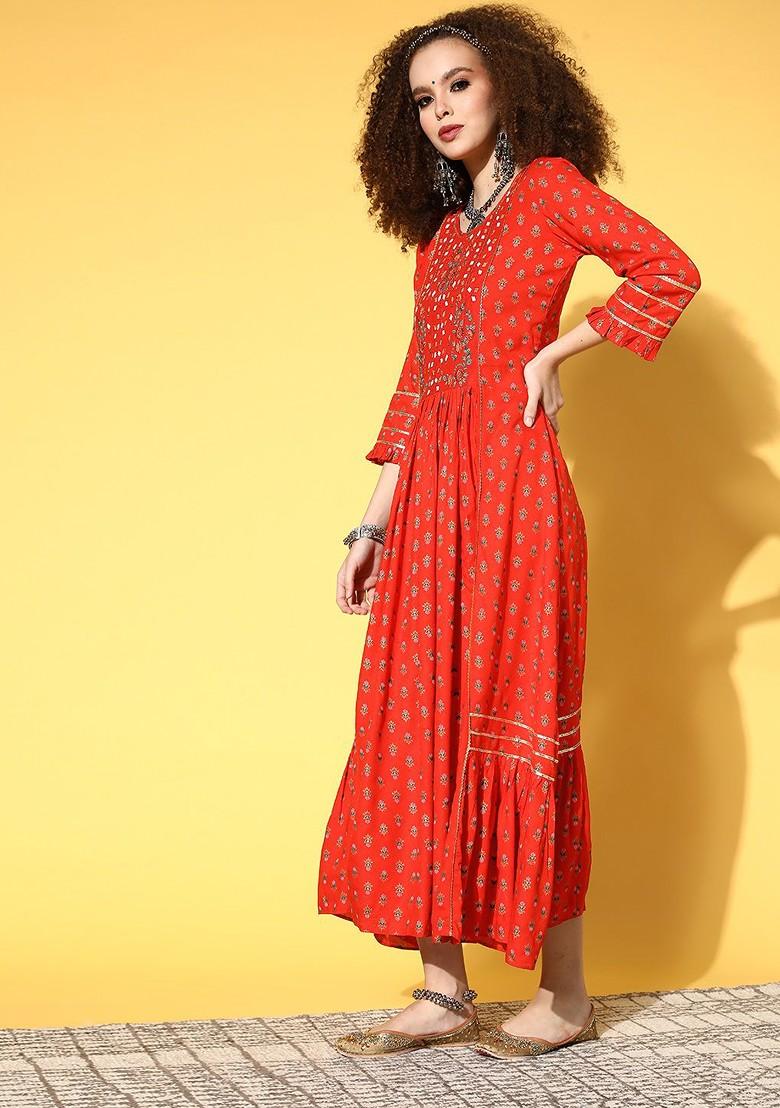 Red Ethnic Motifs Sequin Embroidered A Line Maxi Dress