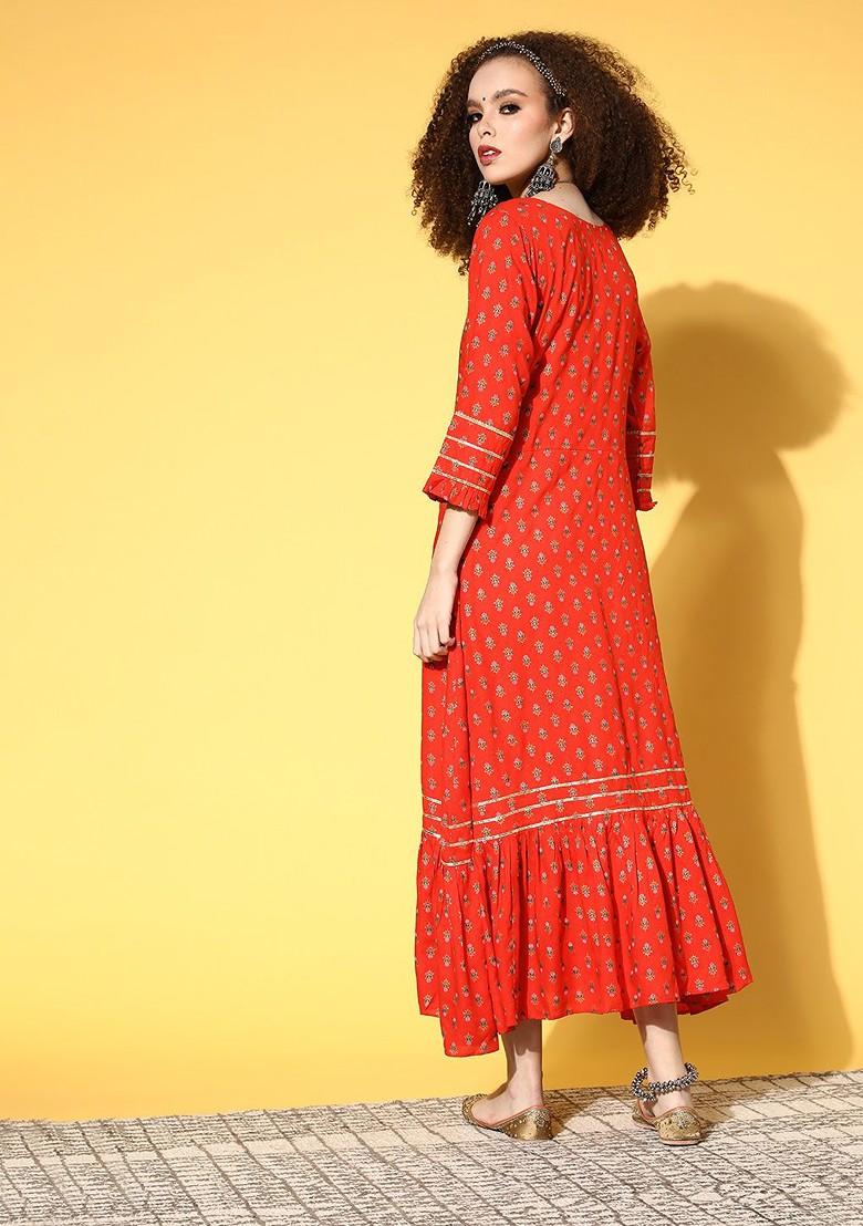 Red Ethnic Motifs Sequin Embroidered A Line Maxi Dress