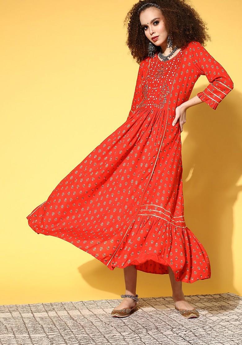 Red Printed Blended Kurta - Indya